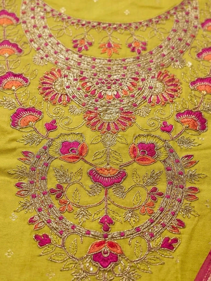 Yellow Chanderi Embroidered Unstitched Dress Material