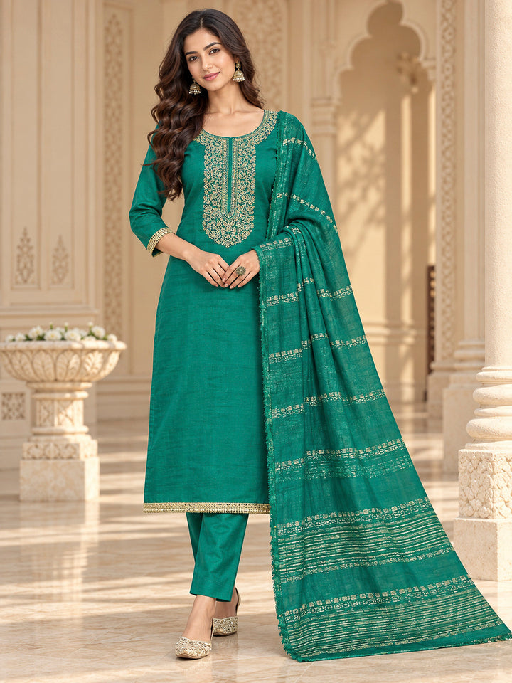 Green Chanderi Embroidered Unstitched Dress Material