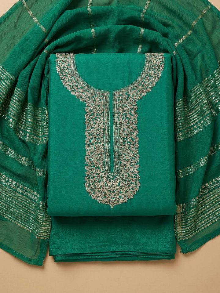 Green Chanderi Embroidered Unstitched Dress Material