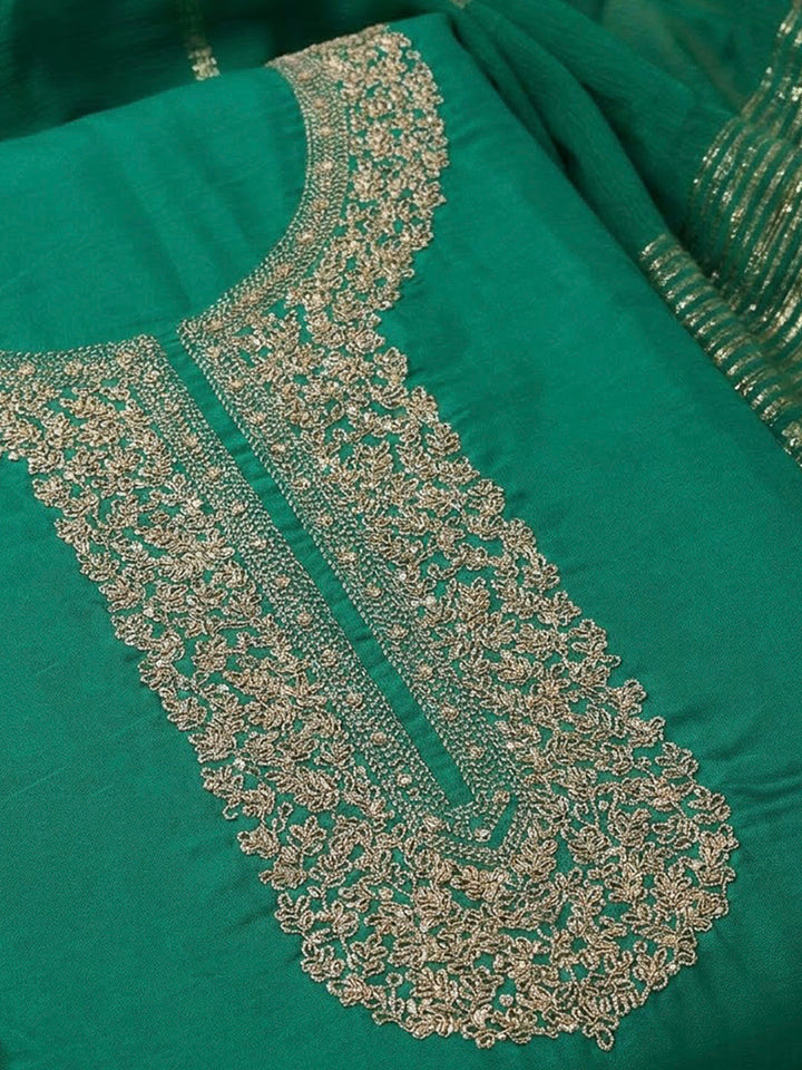 Green Chanderi Embroidered Unstitched Dress Material