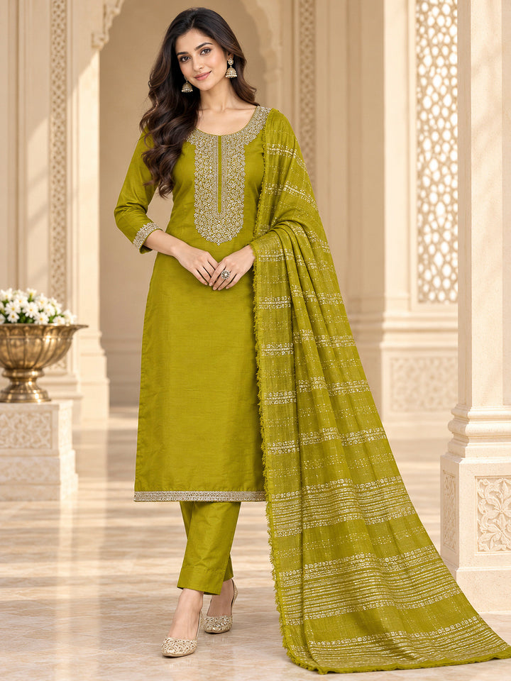 Mehndi Chanderi Embroidered Unstitched Dress Material