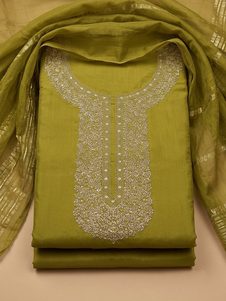 Mehndi Chanderi Embroidered Unstitched Dress Material