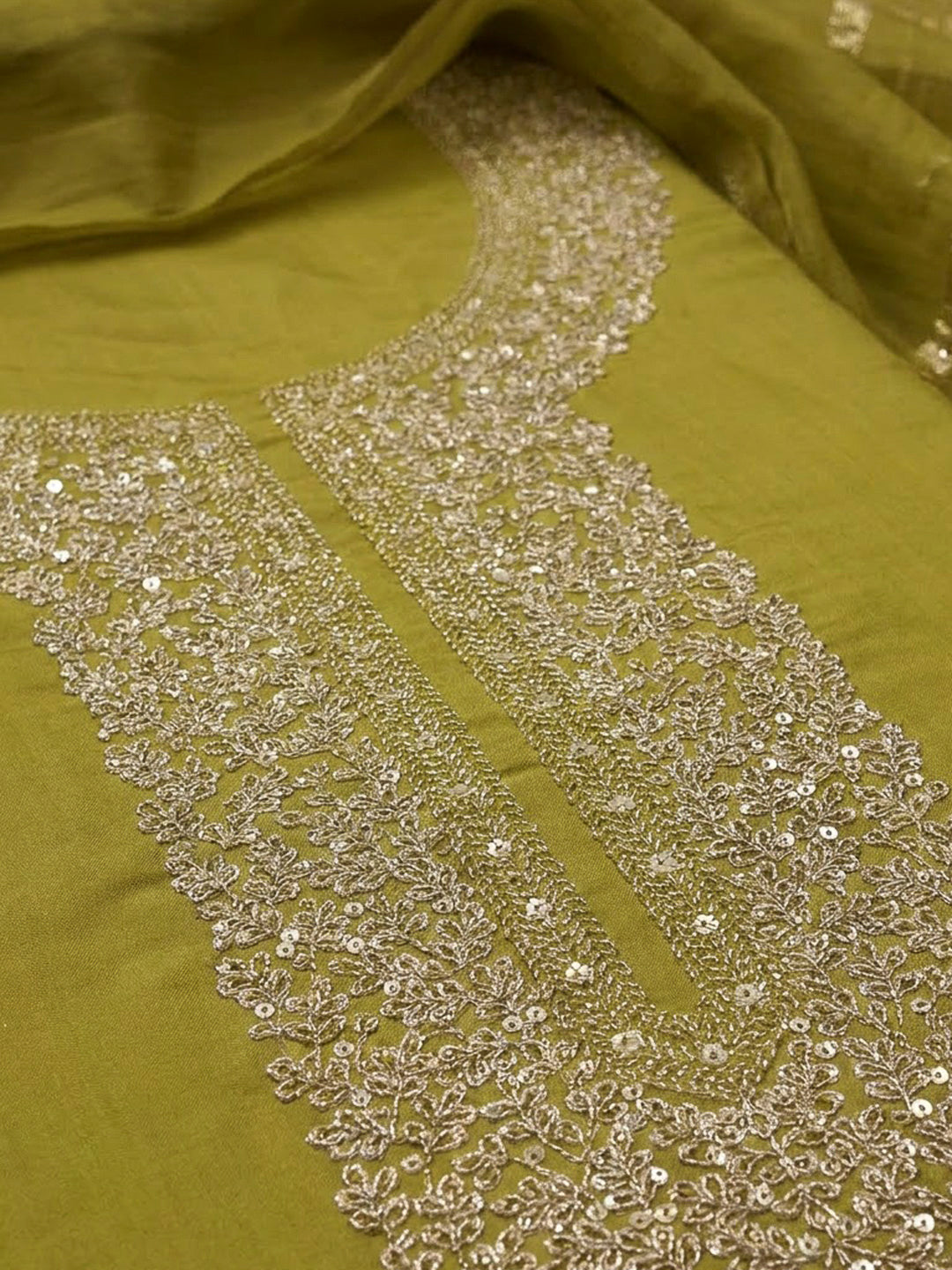 Mehndi Chanderi Embroidered Unstitched Dress Material