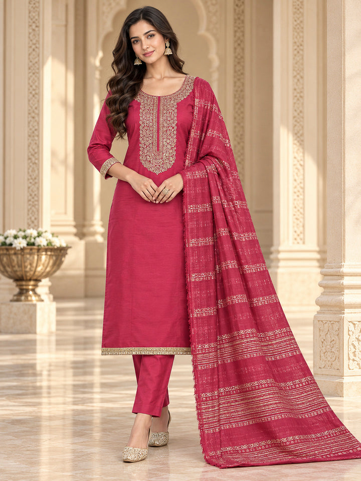 Onion Pink Chanderi Embroidered Unstitched Dress Material