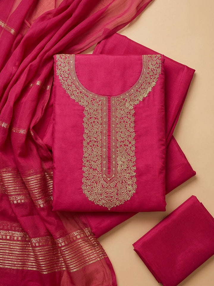 Onion Pink Chanderi Embroidered Unstitched Dress Material