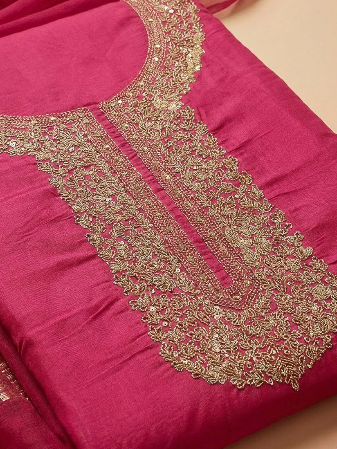 Onion Pink Chanderi Embroidered Unstitched Dress Material