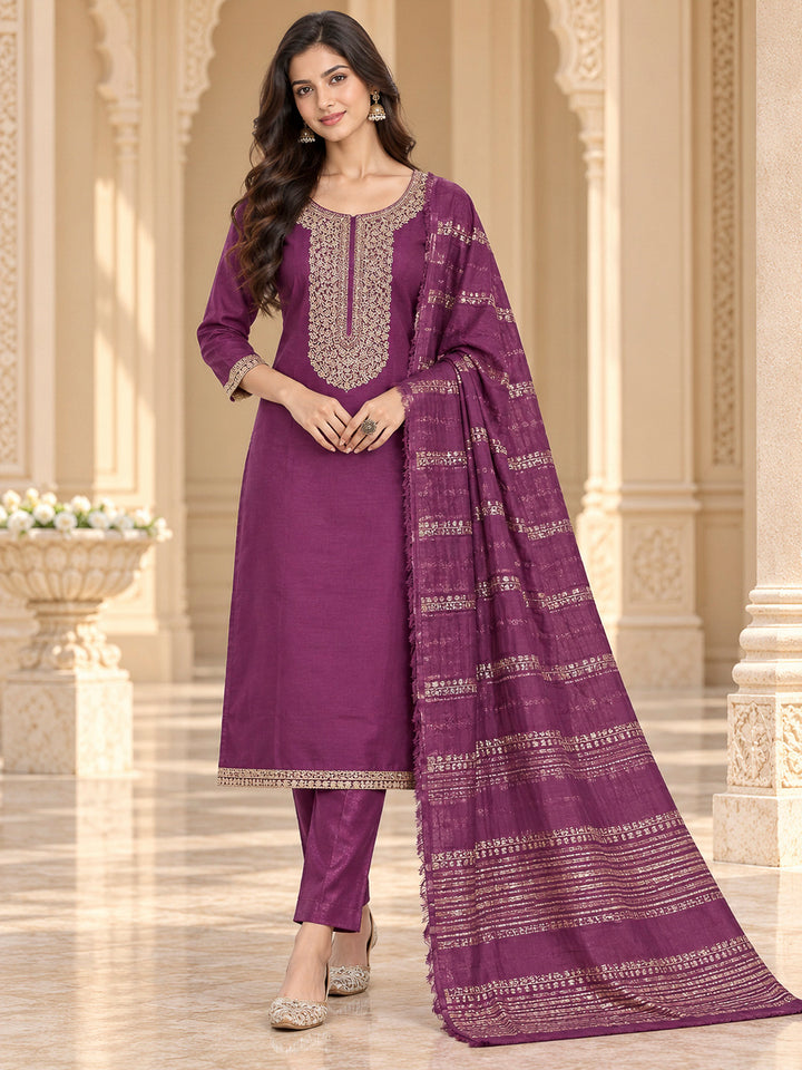 Purple Chanderi Embroidered Unstitched Dress Material
