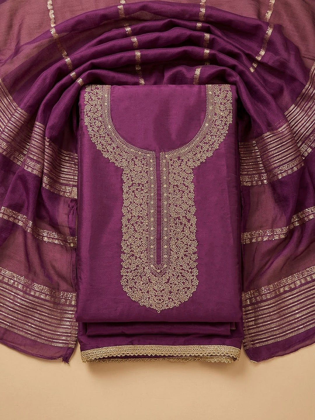 Purple Chanderi Embroidered Unstitched Dress Material