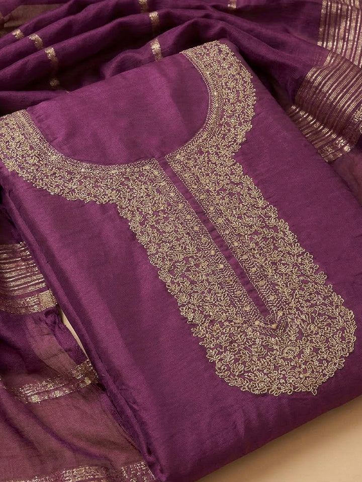 Purple Chanderi Embroidered Unstitched Dress Material