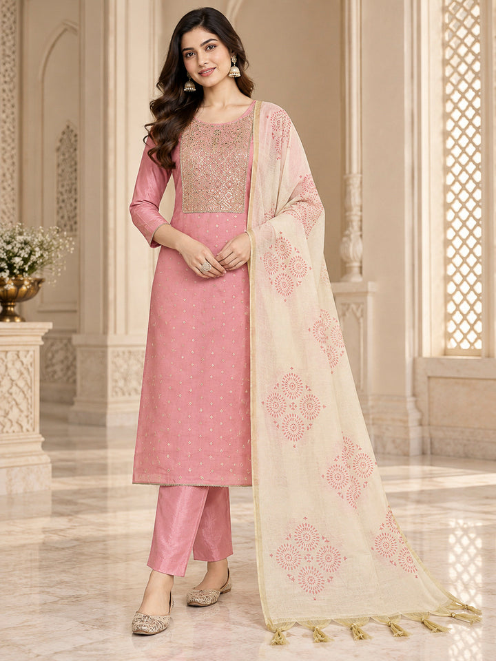 Peach Chanderi Embroidered Unstitched Dress Material
