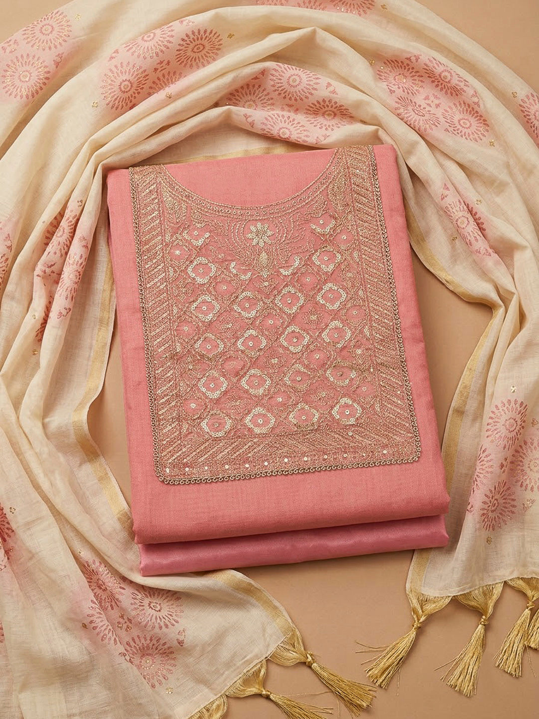Peach Chanderi Embroidered Unstitched Dress Material