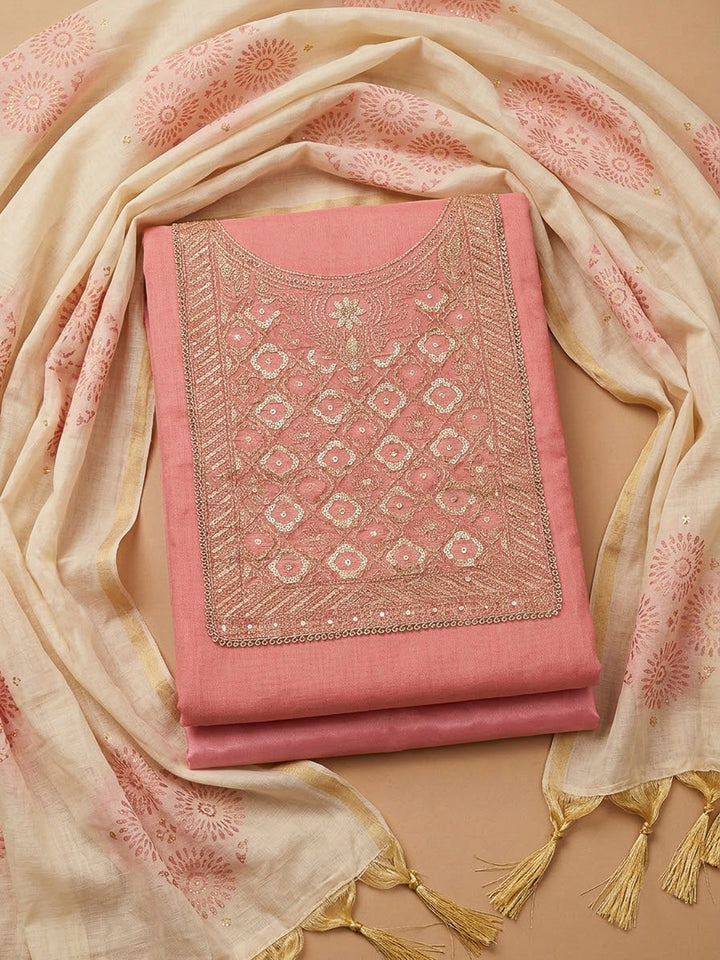 Peach Chanderi Embroidered Unstitched Dress Material