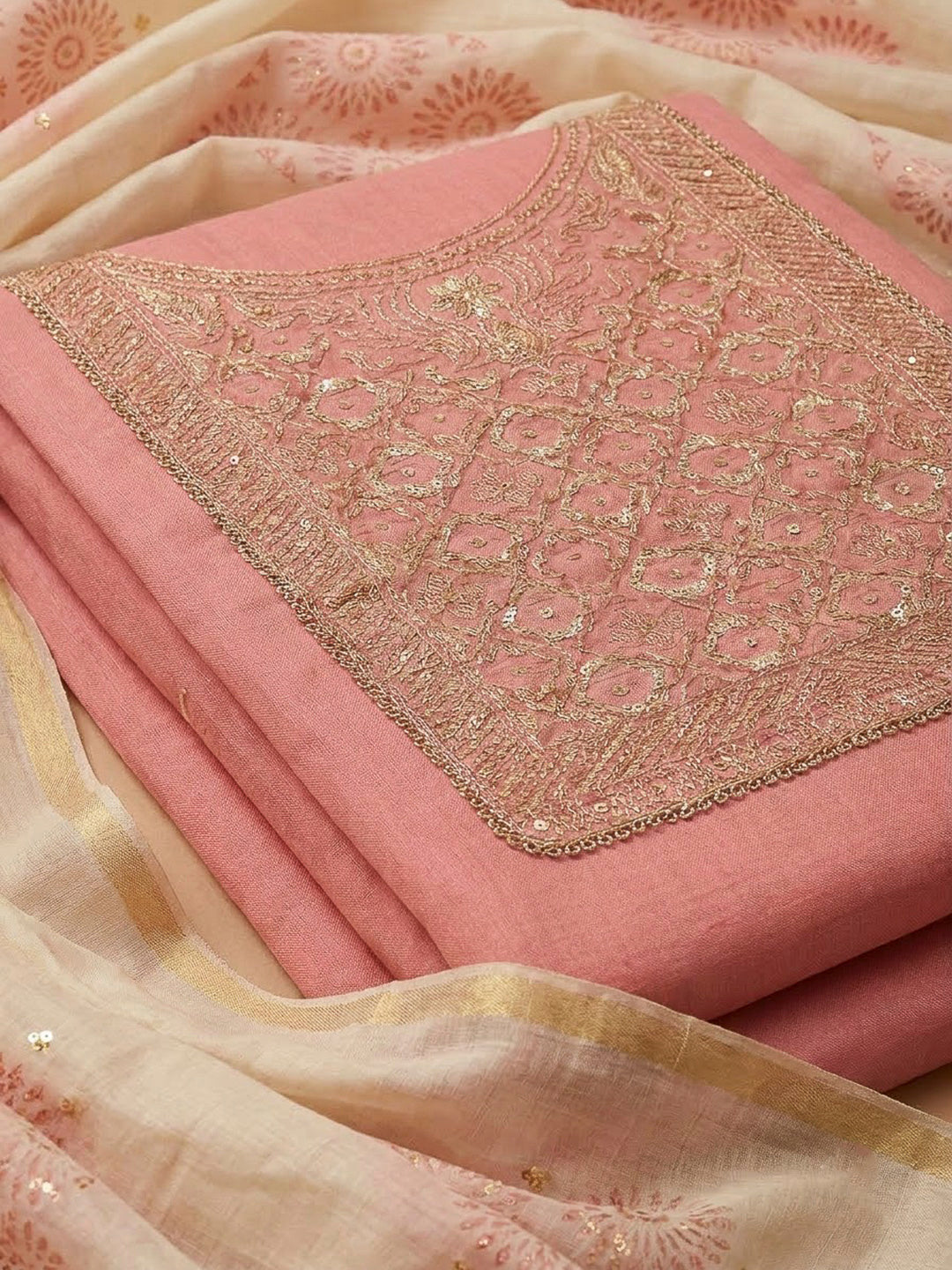 Peach Chanderi Embroidered Unstitched Dress Material