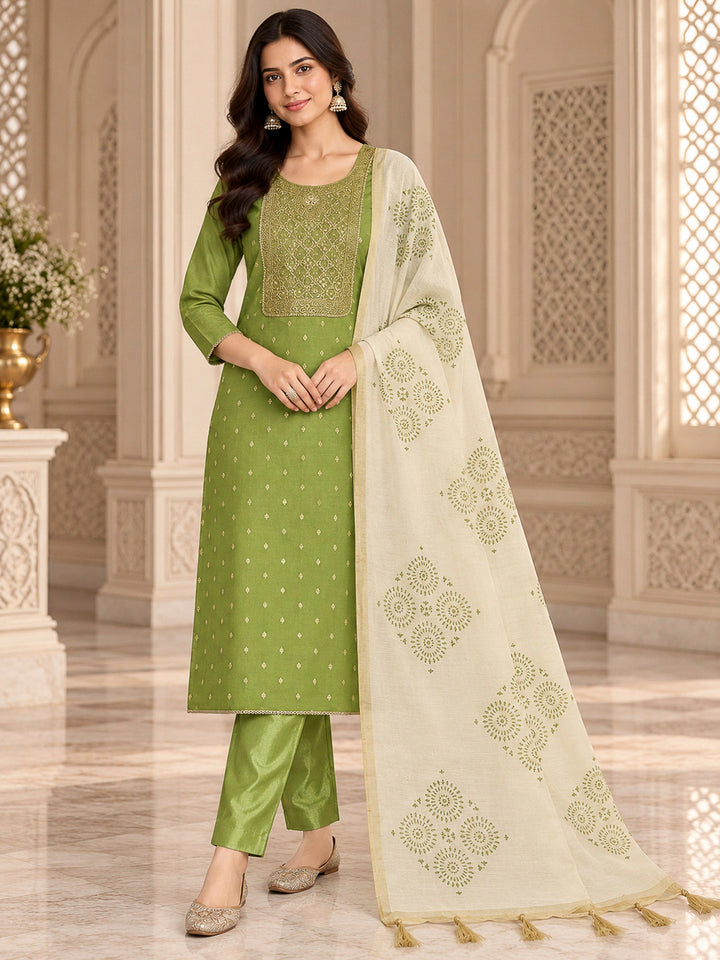 Pista Green Chanderi Embroidered Unstitched Dress Material