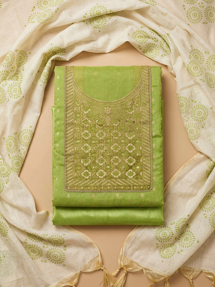 Pista Green Chanderi Embroidered Unstitched Dress Material