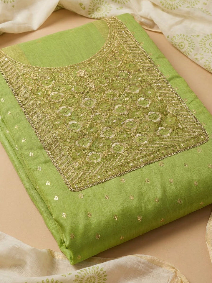 Pista Green Chanderi Embroidered Unstitched Dress Material
