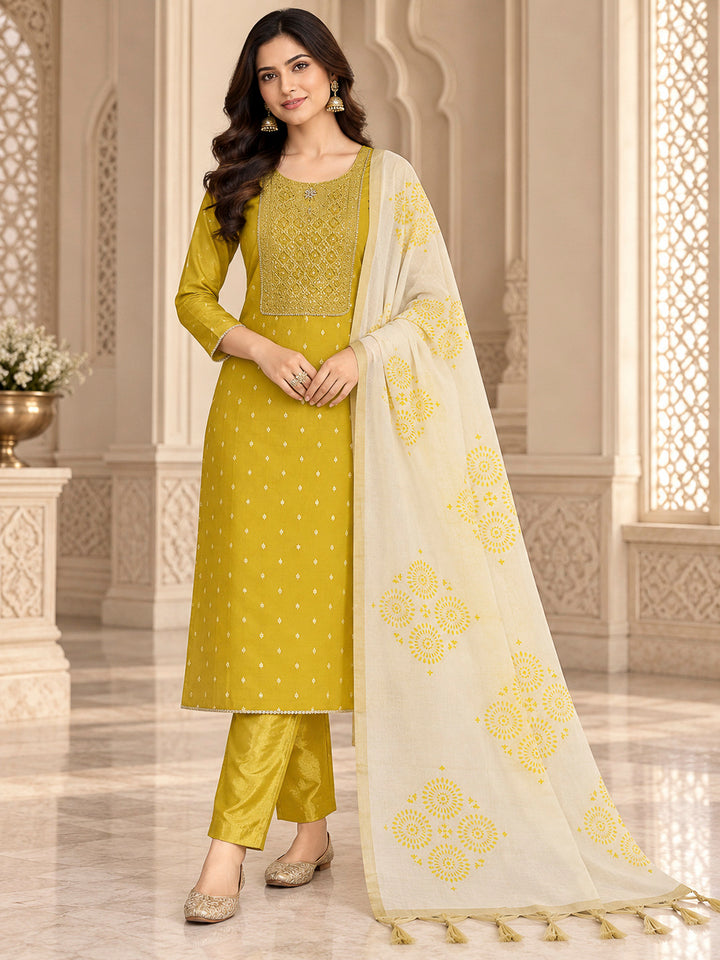 Yellow Chanderi Embroidered Unstitched Dress Material