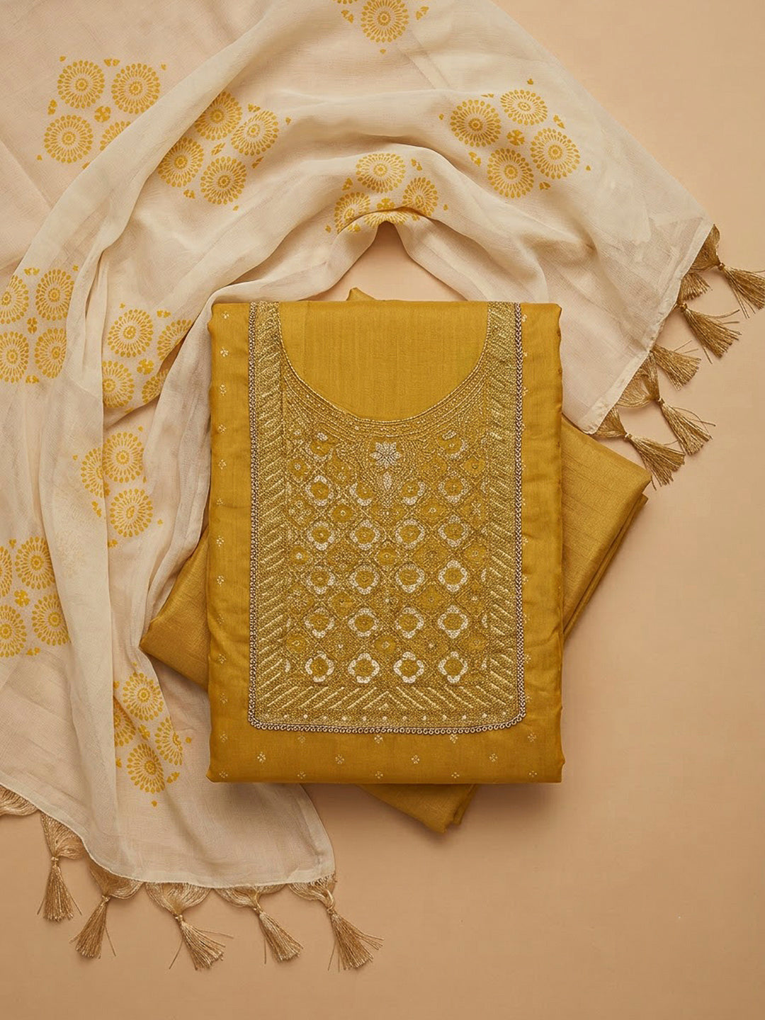 Yellow Chanderi Embroidered Unstitched Dress Material
