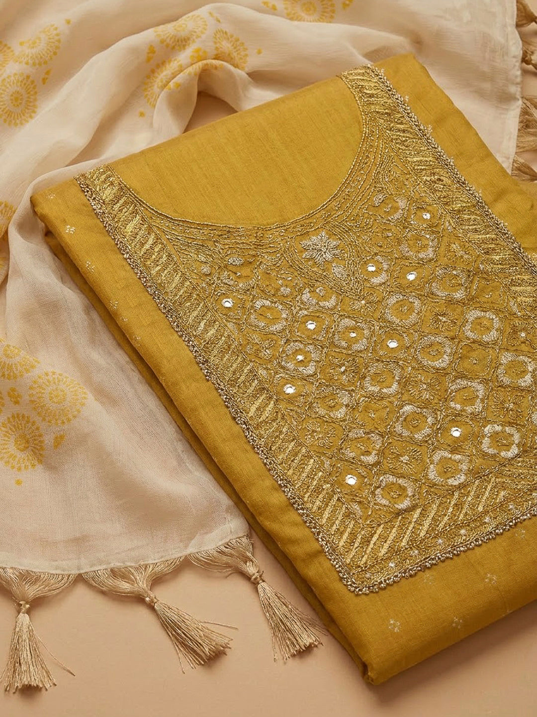 Yellow Chanderi Embroidered Unstitched Dress Material