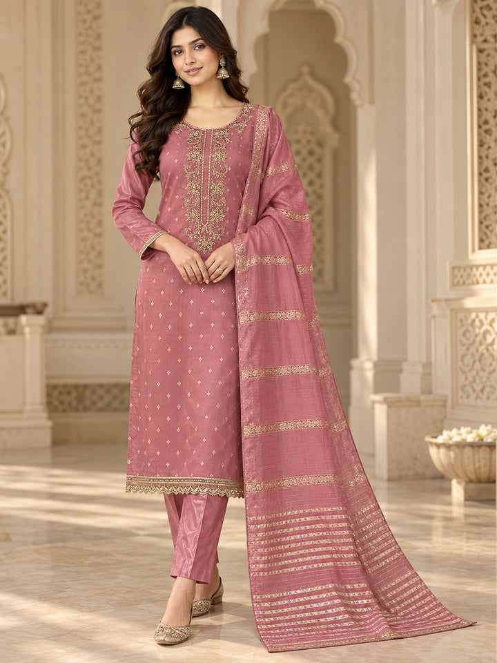 Peach Chanderi Embroidered Unstitched Dress Material