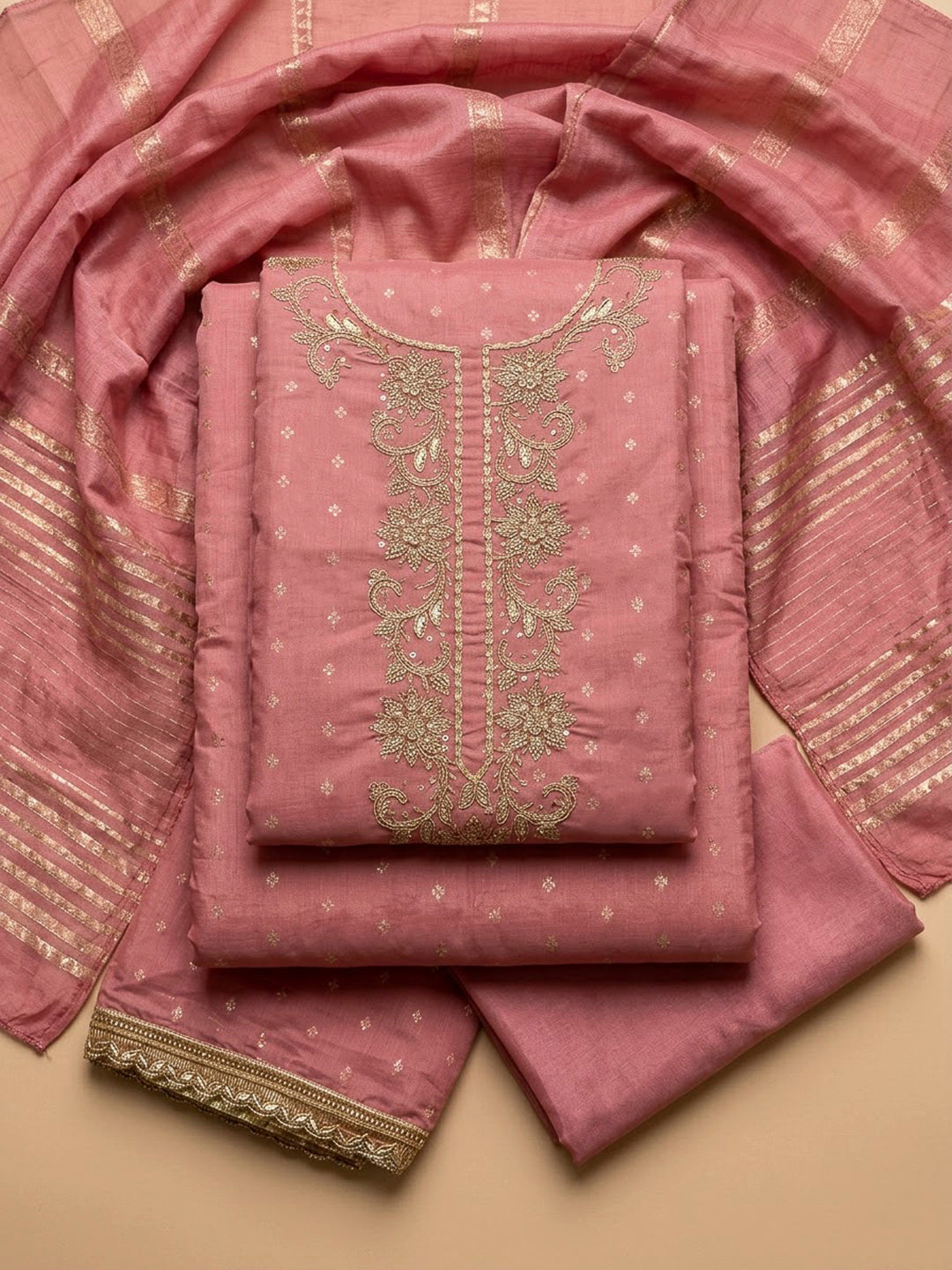Peach Chanderi Embroidered Unstitched Dress Material