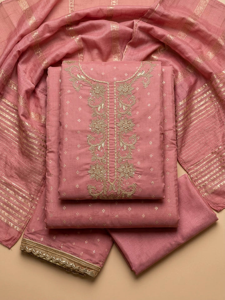Peach Chanderi Embroidered Unstitched Dress Material