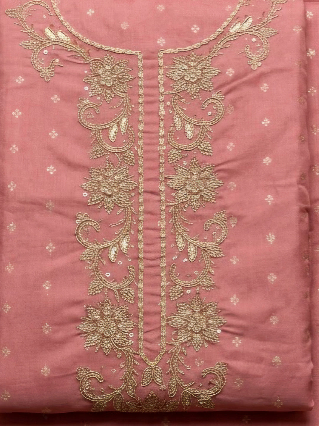 Peach Chanderi Embroidered Unstitched Dress Material
