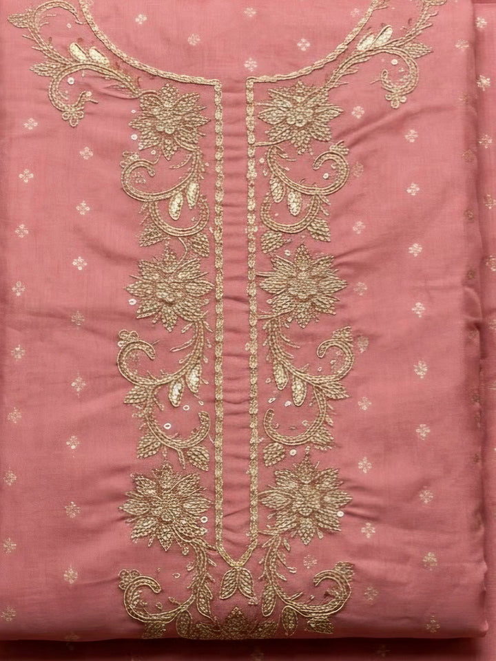 Peach Chanderi Embroidered Unstitched Dress Material