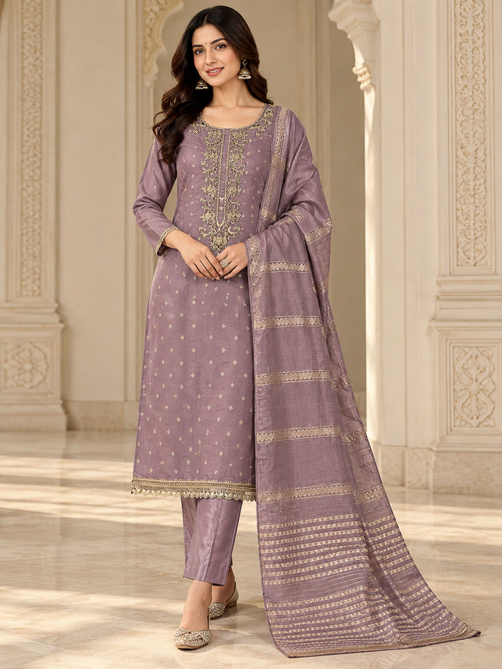 Purple Chanderi Embroidered Unstitched Dress Material