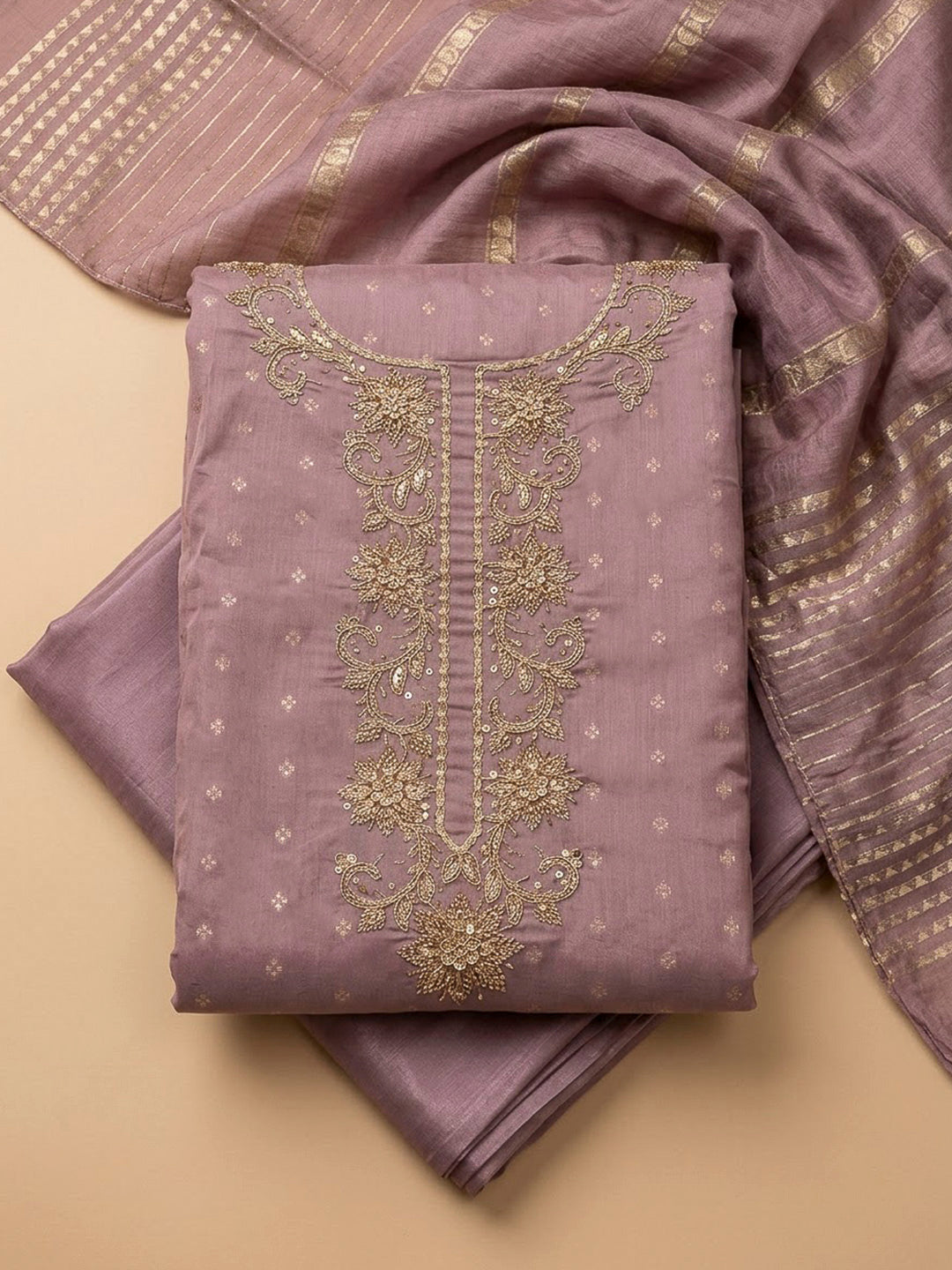 Purple Chanderi Embroidered Unstitched Dress Material