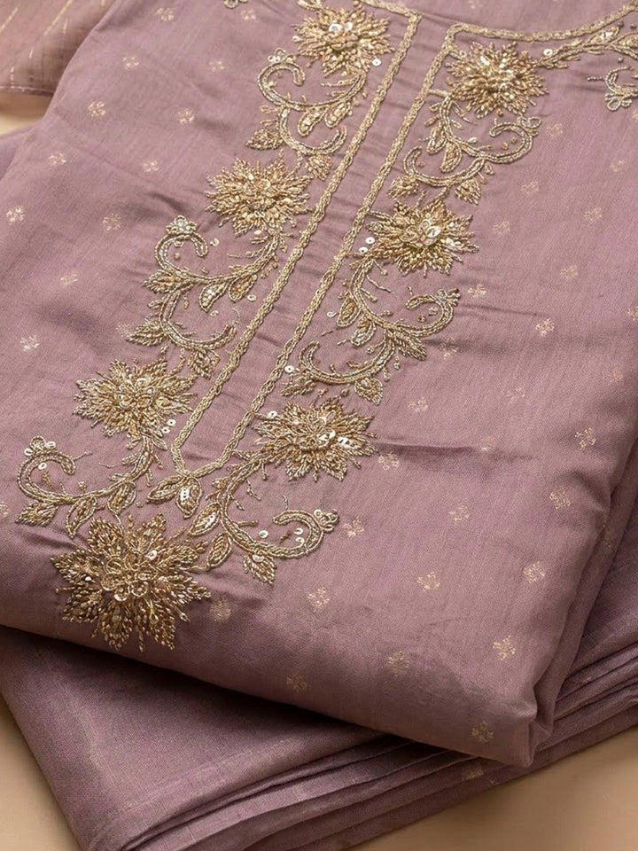 Purple Chanderi Embroidered Unstitched Dress Material