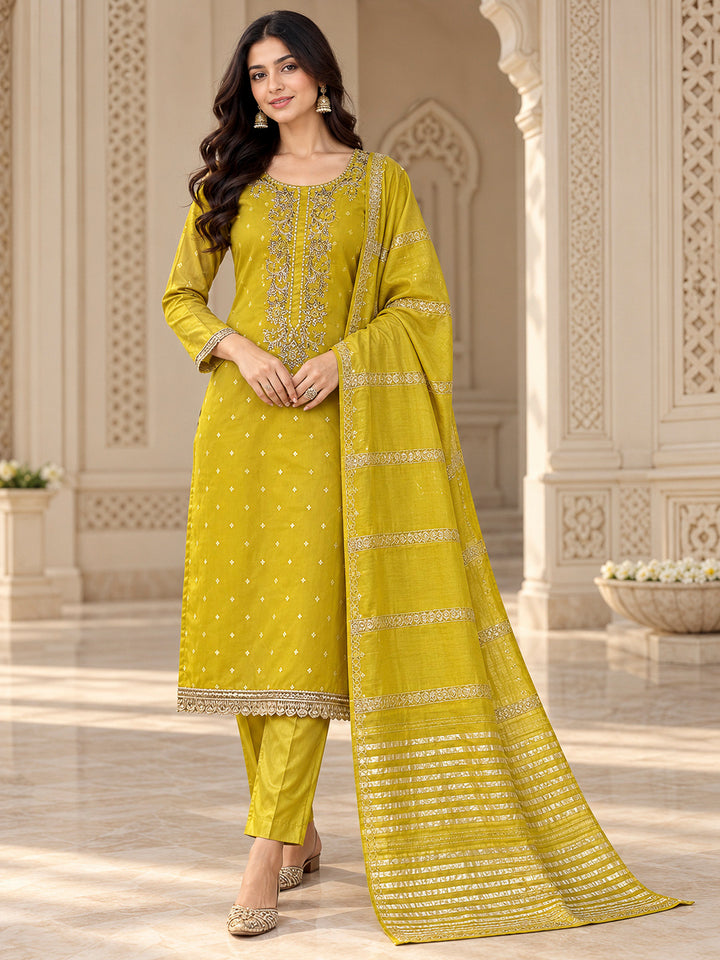 Yellow Chanderi Embroidered Unstitched Dress Material
