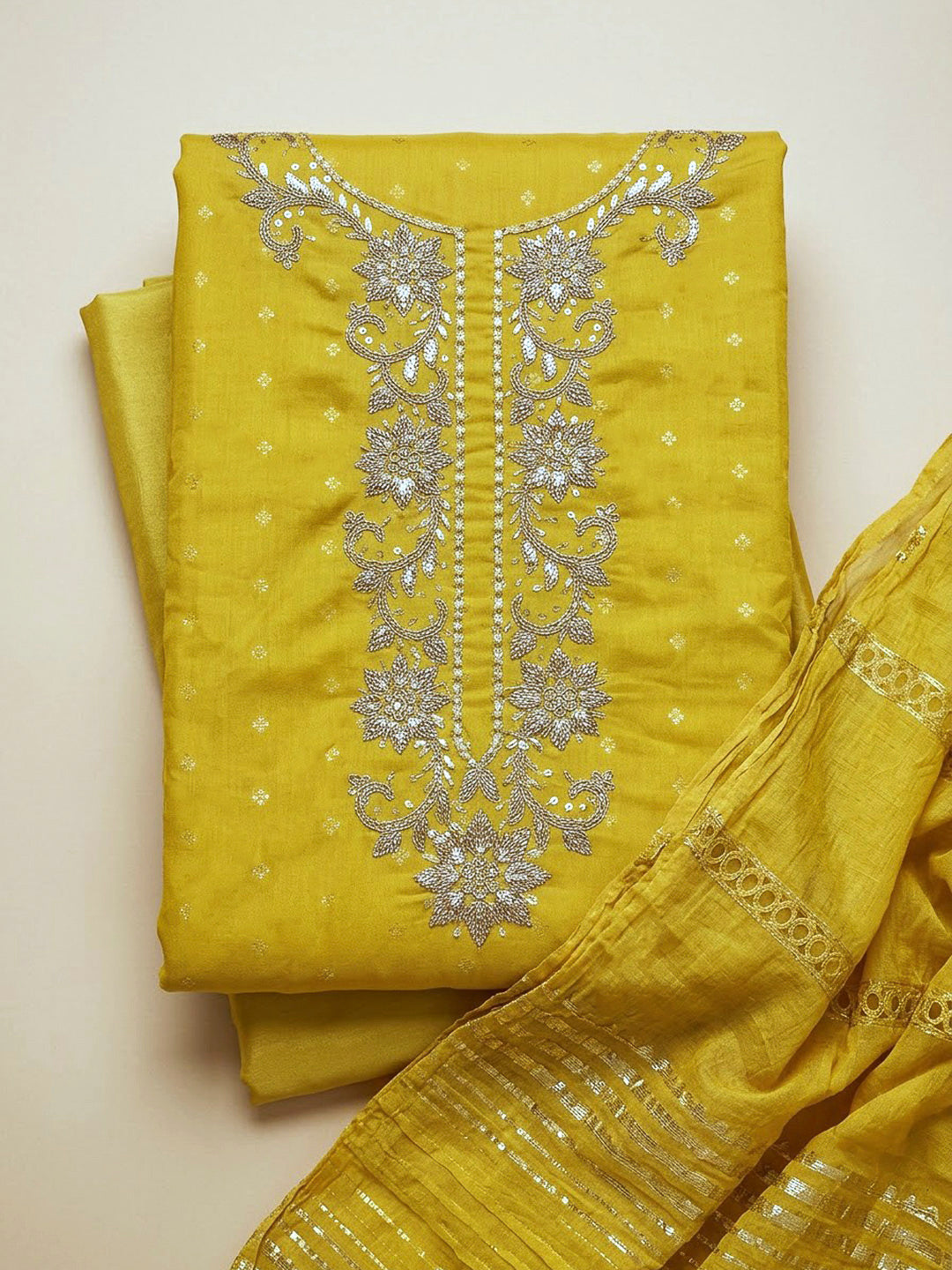 Yellow Chanderi Embroidered Unstitched Dress Material