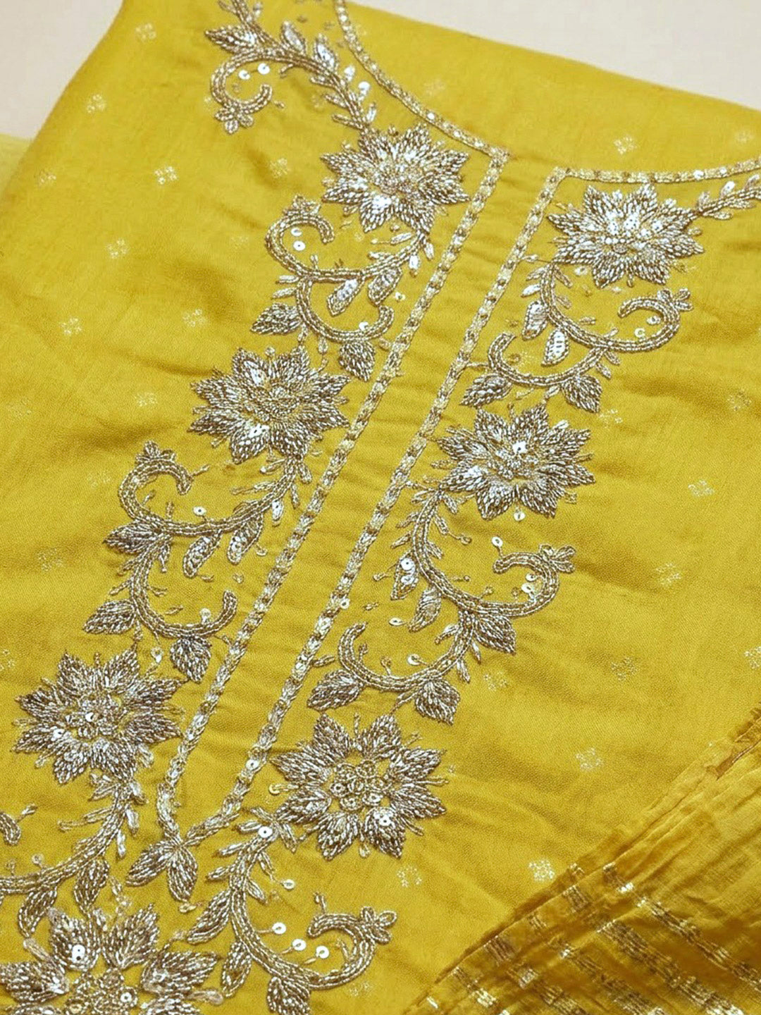 Yellow Chanderi Embroidered Unstitched Dress Material