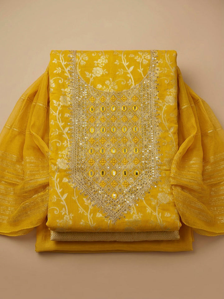 Mustard Chanderi Embroidered Unstitched Dress Material