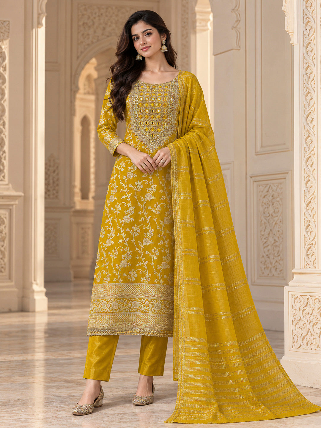Mustard Chanderi Embroidered Unstitched Dress Material