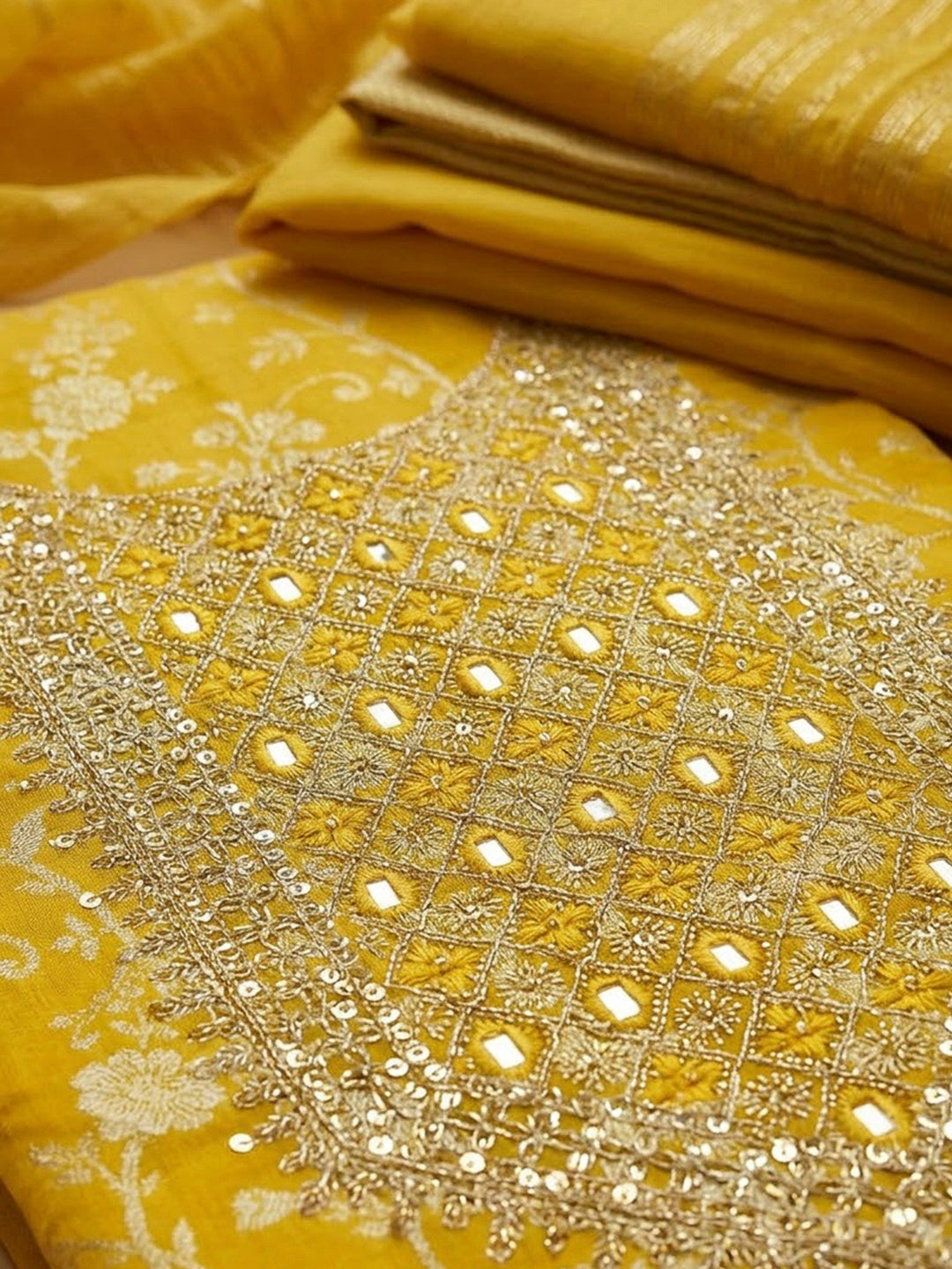 Mustard Chanderi Embroidered Unstitched Dress Material
