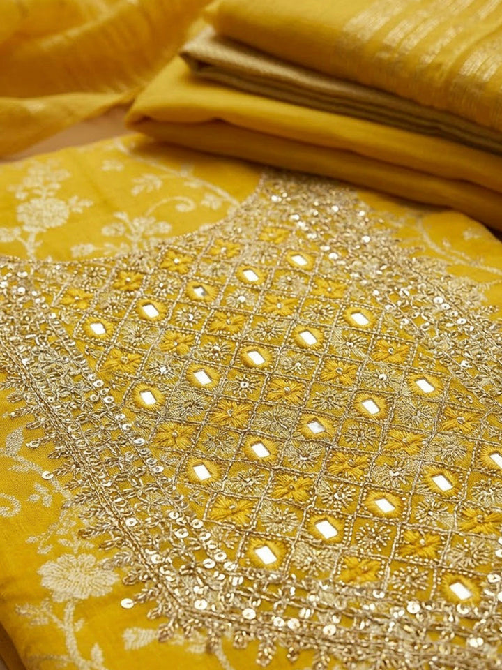 Mustard Chanderi Embroidered Unstitched Dress Material