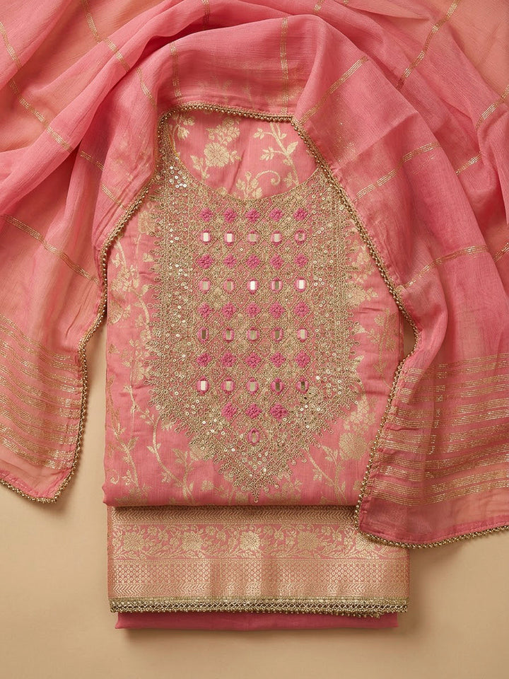 Peach Chanderi Embroidered Unstitched Dress Material