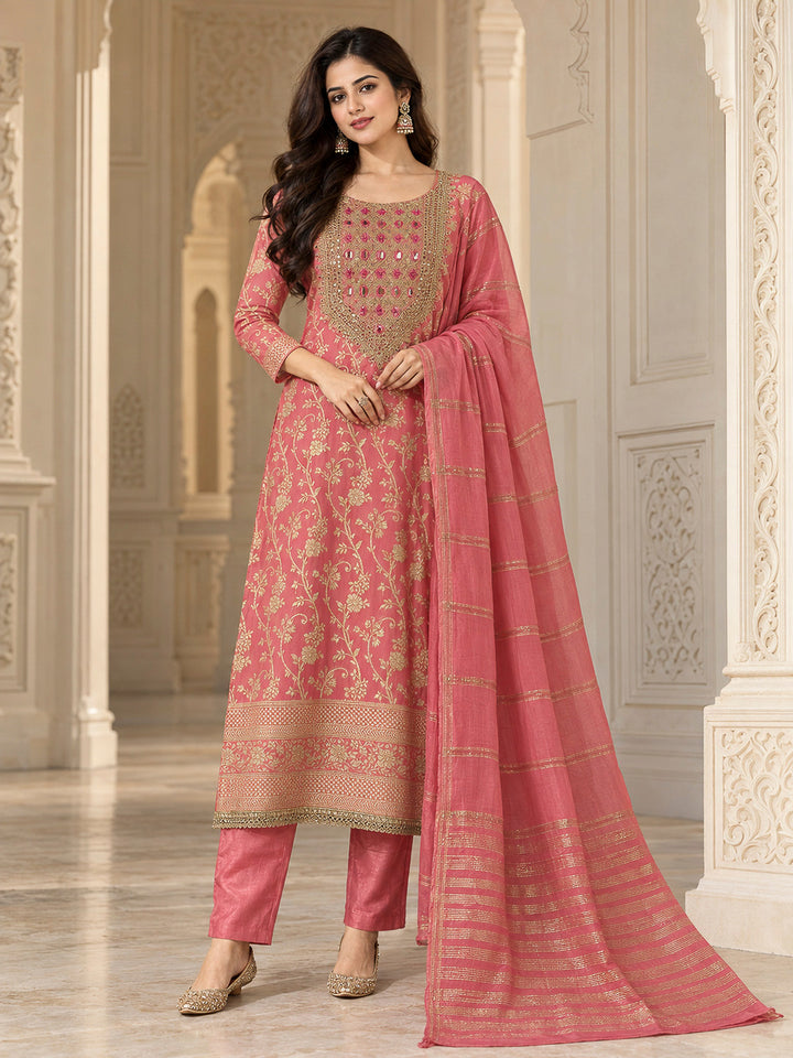 Peach Chanderi Embroidered Unstitched Dress Material