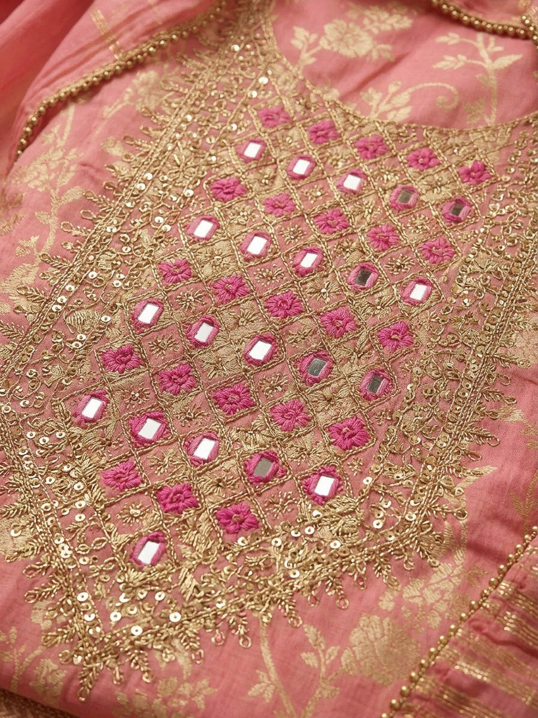 Peach Chanderi Embroidered Unstitched Dress Material