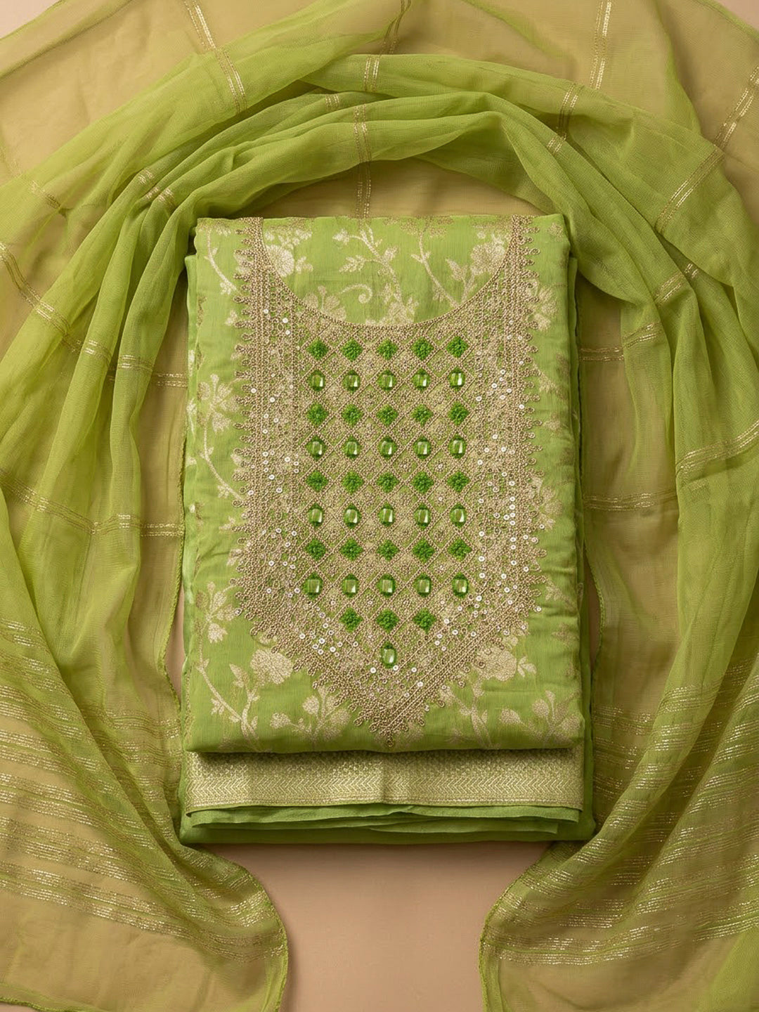 Pista Green Chanderi Embroidered Unstitched Dress Material