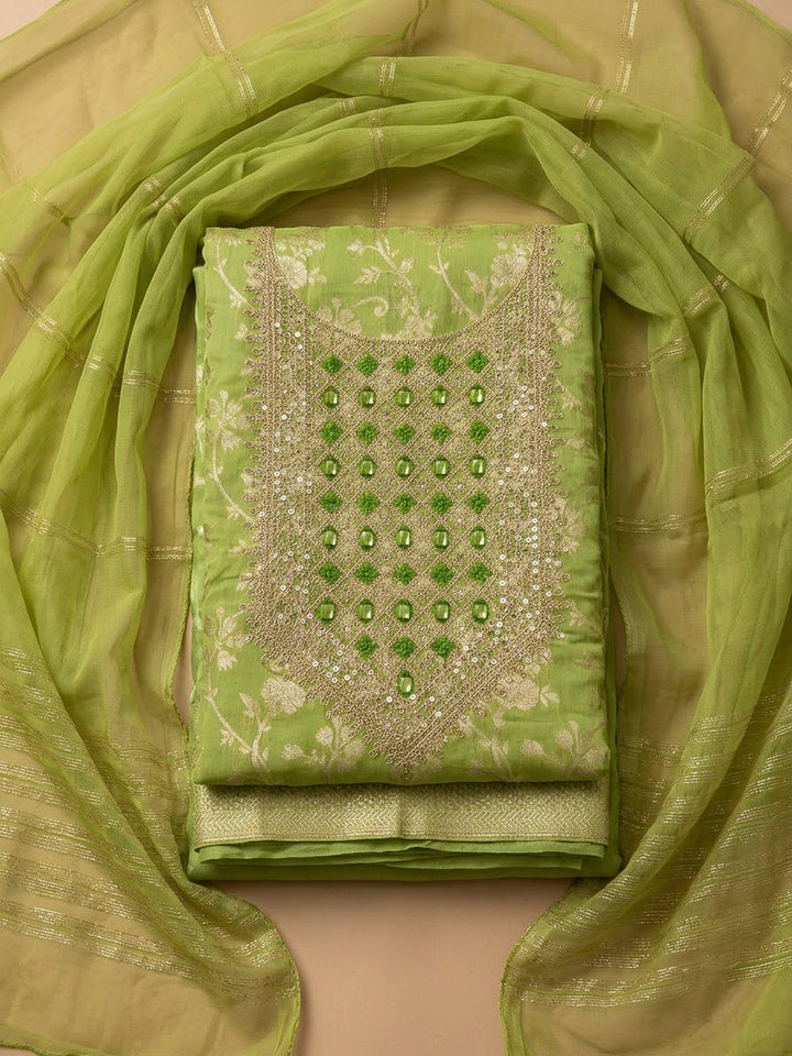 Pista Green Chanderi Embroidered Unstitched Dress Material