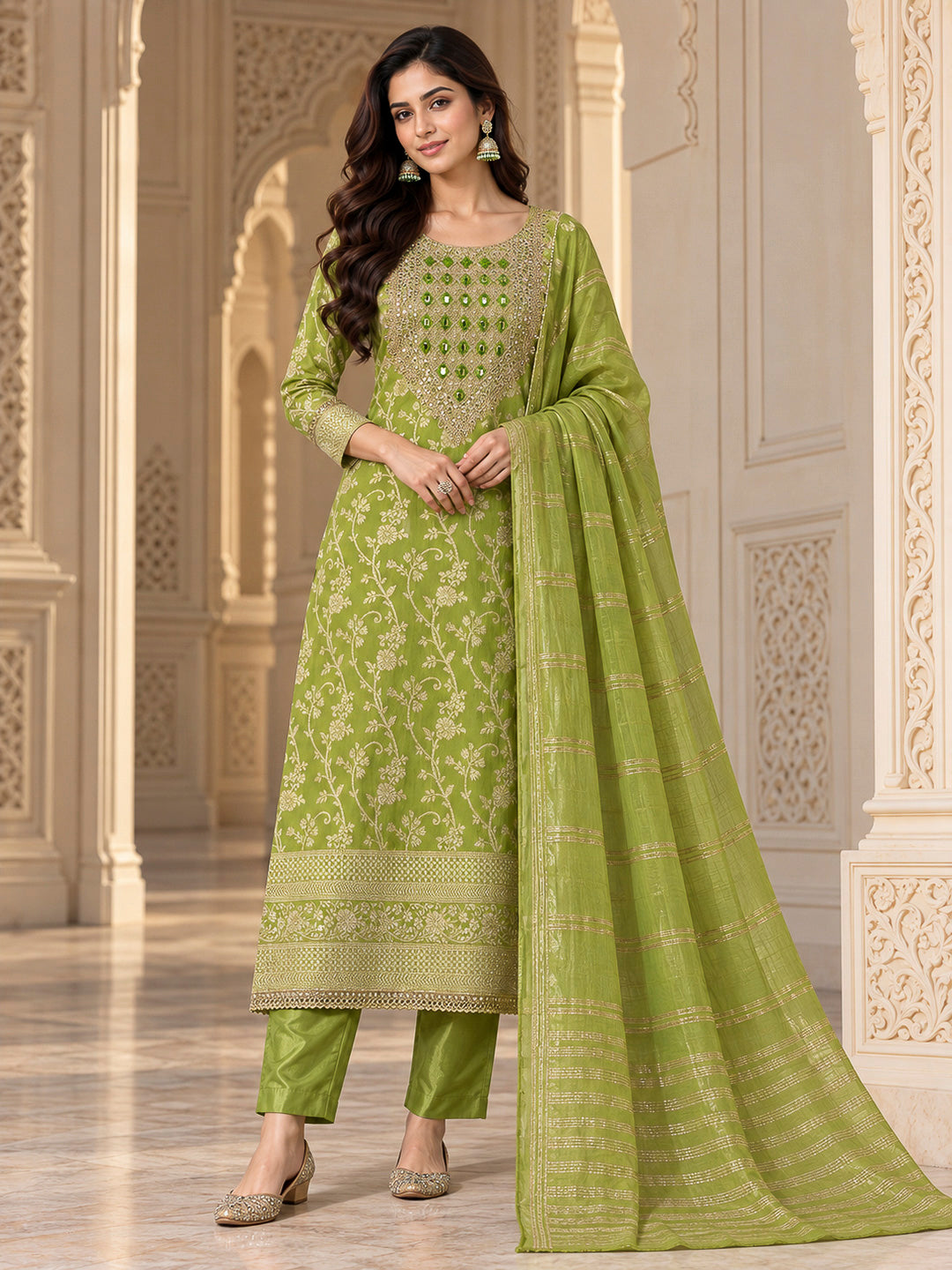 Pista Green Chanderi Embroidered Unstitched Dress Material