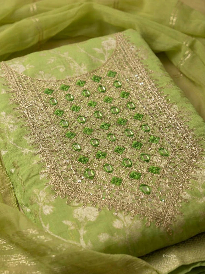 Pista Green Chanderi Embroidered Unstitched Dress Material