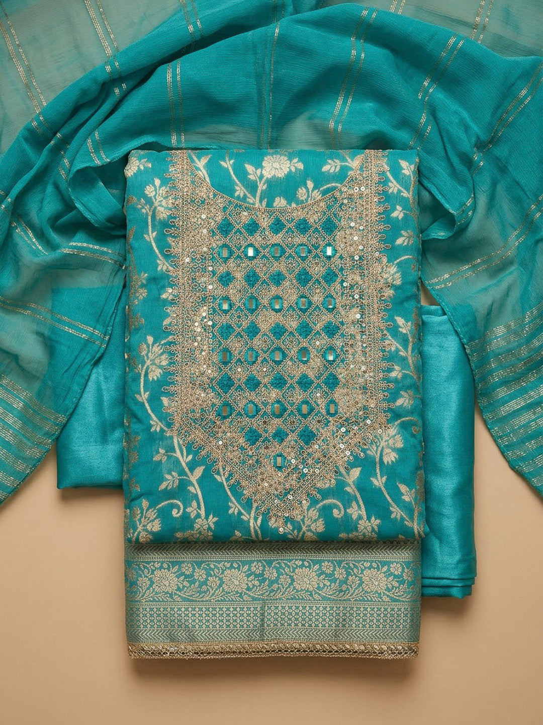 Rama Green Chanderi Embroidered Unstitched Dress Material