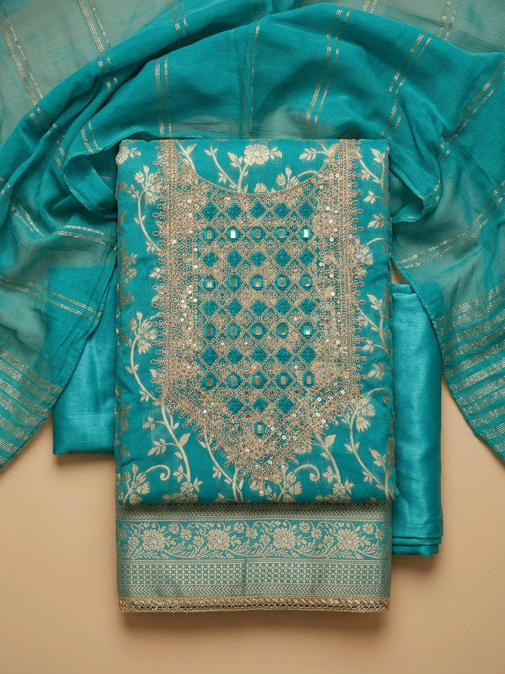 Rama Green Chanderi Embroidered Unstitched Dress Material