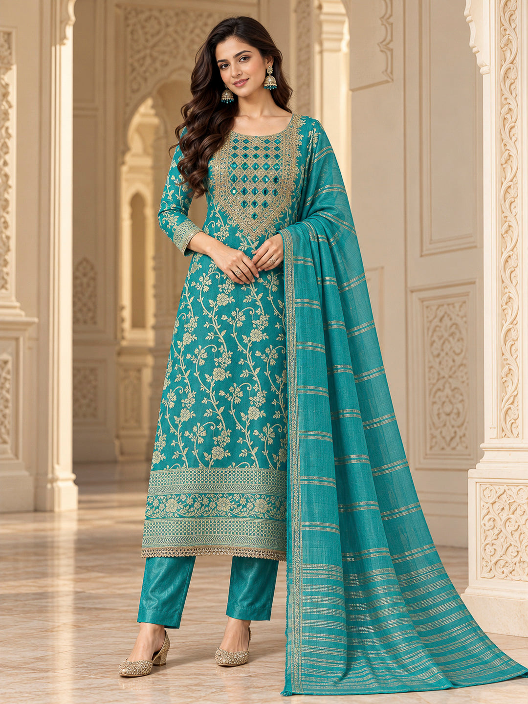 Rama Green Chanderi Embroidered Unstitched Dress Material