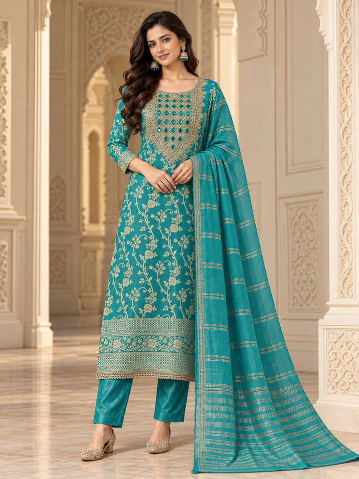 Rama Green Chanderi Embroidered Unstitched Dress Material