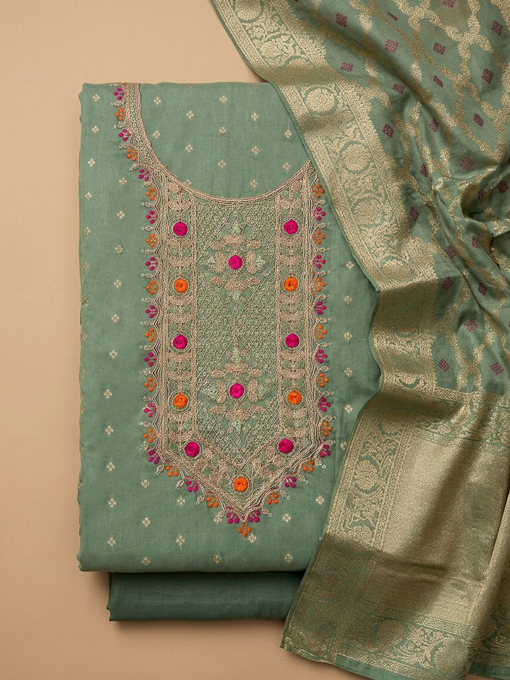 Aqua Green Chanderi Embroidered Unstitched Dress Material